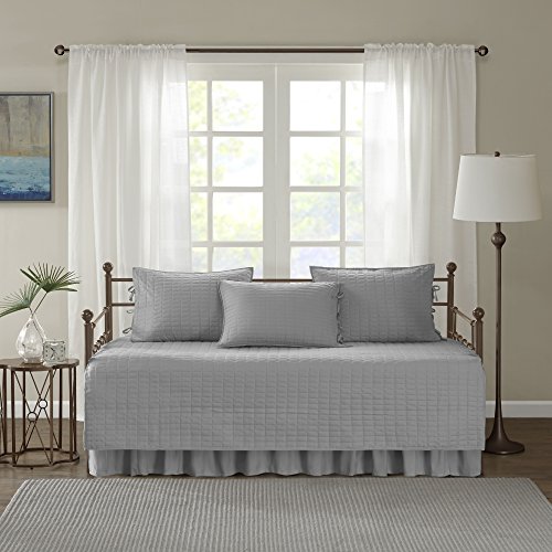 Image of Comfort Spaces Daybed Cover - Luxe Double Sided-Quilting, All Season Cozy Bedding with Bedskirt, Matching Shams, Kienna Grey 75 inchx39 inch 5 Piece,100% Microfiber