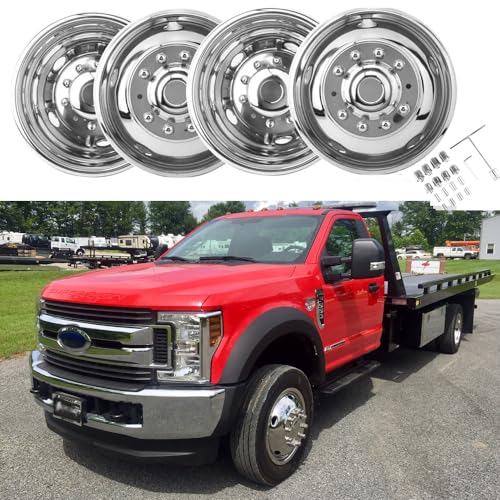Image of 4pcs 19.5 inch 10 Lug Hubcaps Polished Stainless Steel Dually Wheel Simulators, Nice Looking and Durable Bolt On Wheel Cover, with Full Kit Tools Compatible with 2005-2025 Ford F-450 F-550