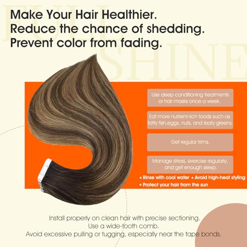 Image of Full Shine Tape in extensions 22Inch Tape ins Human Hair extensions 50Gram Color 2 Dark Brown Ombre 27 Caramel Blonde And 3 Brown Invisible Human Hair Straight Skin Weft 20Pcs Seamless Remy Extension