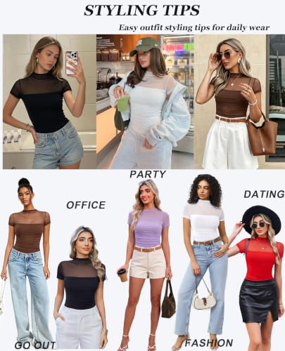 Image of Avidlove Women's Short Sleeve Bodysuit Turtle Neck Body Suits Mesh One Piece Leotard Going Out Tops Date Outfits