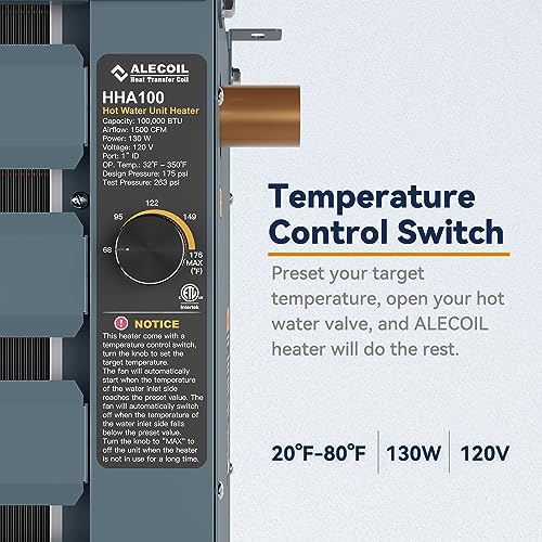 ALECOIL 100,000 BTU Hydronic Hot Water Hanging Unit Heater with Water Temperature Control Switch HHA100 Water to Air Heat Exchanger with Fan for Outdoor Wood Furnaces, Garage and Warehouse Heating - Thumbnail 2