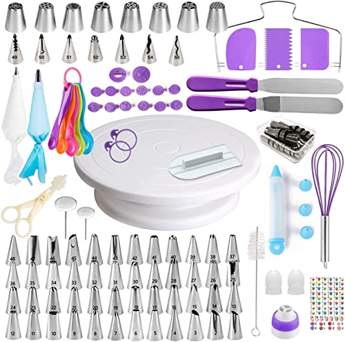 137 Pcs Kit de pâtisserie Plateau Tournant de Gâteau DIY Ustensiles Kits Décoration pour Glaçage, Déco, Poches, Douilles ect (137pcs, Violet)