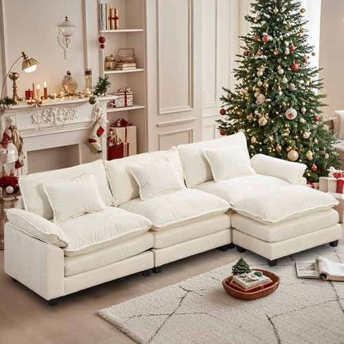 OQQOEE Modular Sectional Sofa, Cloud Couch with Ottoman, Deep Seat L Shaped Chenille Sofa Couches for Living Room Apartment (White, L Shaped-3 Seat & Ottoman)