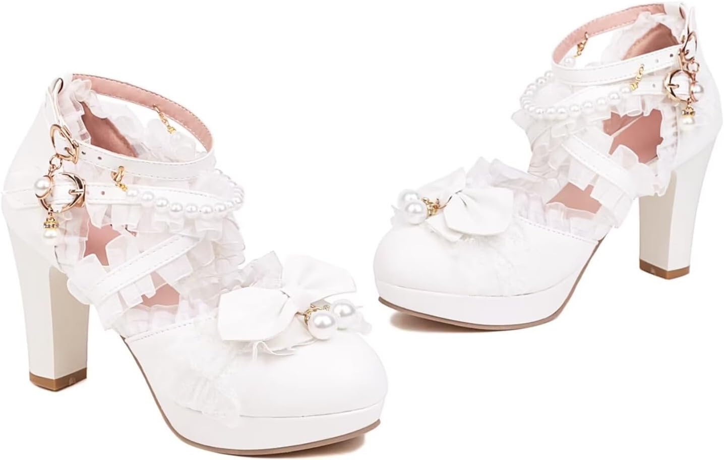 Kawii Shoes Bow Pearl Heels Lolita Platform Heels for Women Lace Cute Mary Janes Pumps - Image 4