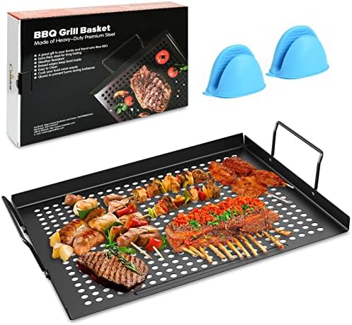 Grill Basket, Nonstick Grilling Pan, Grill Topper with Holes & Handles, Grilling Accessories for Outdoor Grilling Vegetable, Fish, Seafood, Meat, Grill Tray Accessories, Camping Cookware, 16.9"x11.4"