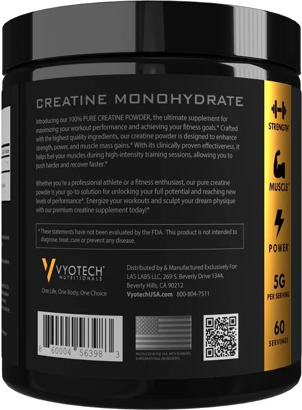 Vyotech Pure Creatine Monohydrate Powder | Aids in Muscle Strength Performance & Recovery | 5g Per Serving | Unflavored | 60 Servings | Gluten-Free Dairy-Free Soy-Free No Sugar or Wheat | Made in USA