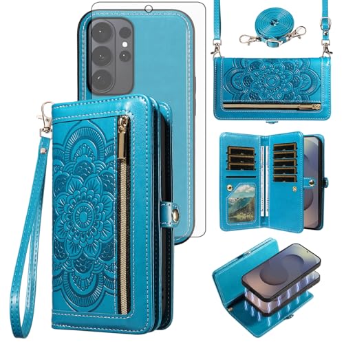 Asuwish Phone Case for Samsung Galaxy S26 Ultra 5G Zipper Wallet Magnetic Detachable Cell Cover with Screen Protector Crossbody Wrist Strap Flower Card Holder S26Ultra 26S S 26 26Ultra Women Men Blue
