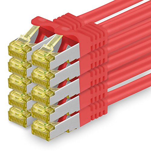 1aTTack.de CAT 7 Kabel LAN 0,5m 10Gbps S/FTP (10 szt. Czerwony)