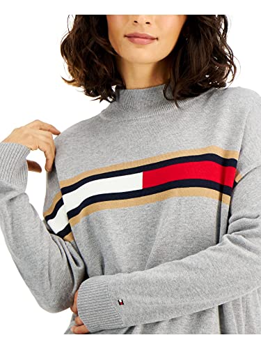 Tommy Hilfiger Flag Mock Neck Sweater Medium Heather Grey Multi Lg (Us 12-14) #TOP2