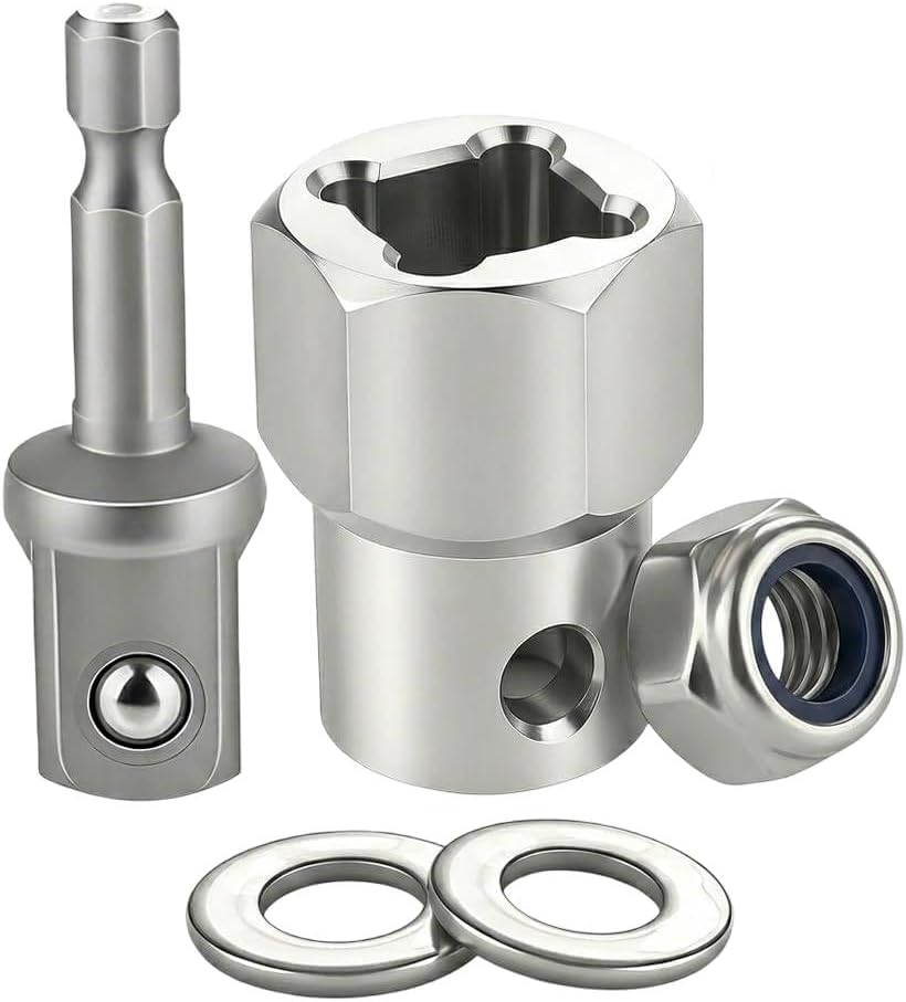 Trailer Jack Drill Adapter 304 Stainless Steel Socket Adapter for RV Stabilizer Scissor Jack Top Wind Crank Handle 1/2 Inch Drive with 1/2in Shaft Hole and 1/4in Thru Hole