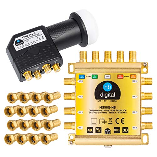 HB-DIGITAL DVB-S / S2 multiswitch 5/8 + Quattro LNB UHD 414 S + 24 F-conector distribuidor multiswitch para 1 SAT 8 participantes Capacidad cudruple incl.Fuente de alimentacin MS58Q-HB 4K UHD