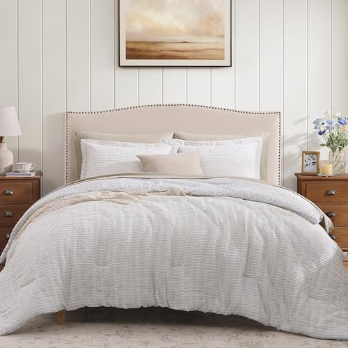 King Comforter Set - 7 Pieces Beige Gauze Muslin Bedding Sets for All Seasons, Lightweight Breathable Bed in a Bag King with Revesible Farmhouse Comforter, Sheets, Pillowcases & Shams