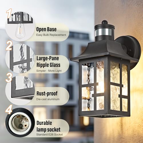 Image of OKELI Outdoor Wall Lights with Motion Sensor, Exterior Waterproof Lantern, Front Porch Sconce Lighting with Water Ripple Glass Shade, Anti-Rust Wall Lamps Outside Lights for Garage (Black-2pack)