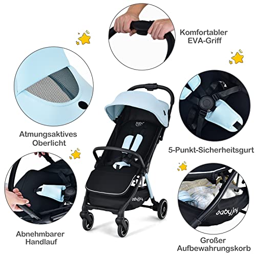 COSTWAY Ein-Knopf-Klappbarer Kinderwagen, Leichter Kinderbuggy mit Verstellbarer Rückenlehne & Fußstütze & Sonnenverdeck, Liegewagen mit Sicherheitsgurt & Bremsrädern für Baby von 0-36 Monaten (Blau)