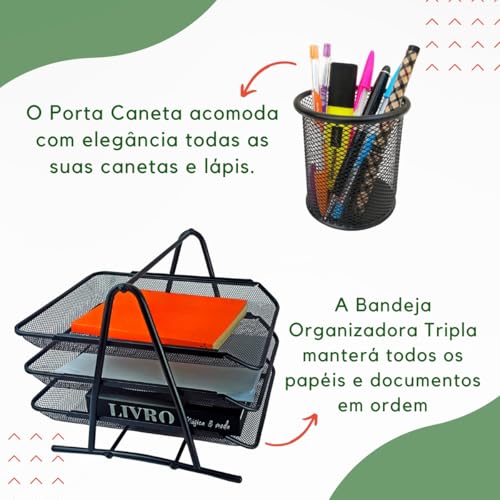 KIT BANDEJA TRIPLA PORTA CANETA ORGANIZADOR CLÁSSICO PARA ESCRITÓRIO HOME OFFICE BLACK - Markys Stor