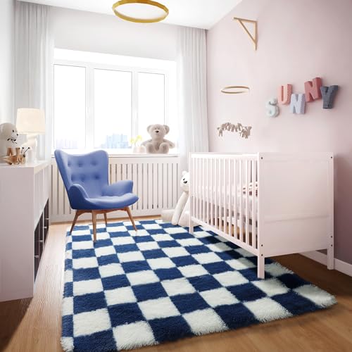 Image of KICMOR Navy Blue and Cream White Rugs for Living Room, 4x6 Fluffy Fuzzy Shag Checkered Rug Shaggy Carpet for Bedroom, Soft Plush Area Rug for Nursery Toddler Room Classroom Study Room Kids Room