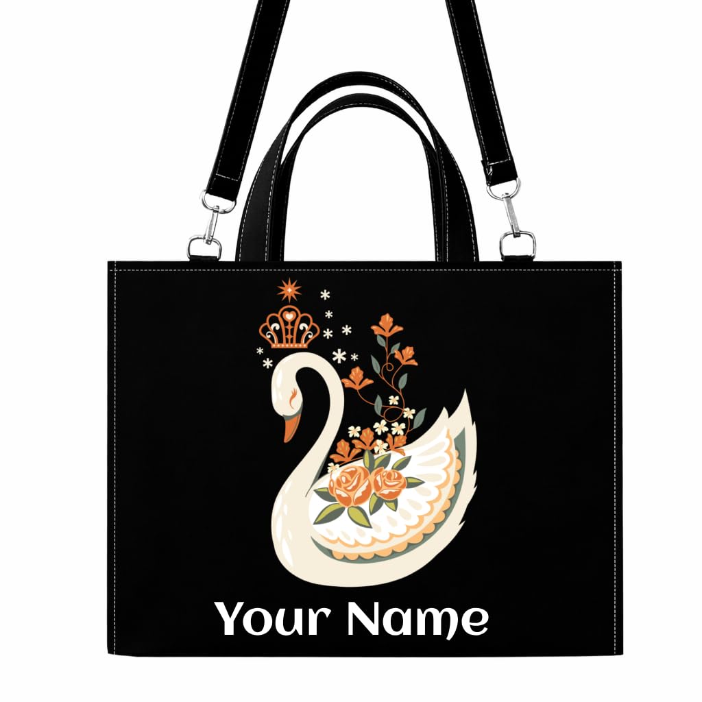 Customizable Canvas Tote Bag with Artistic Swan Design, Black with Multicolor Print, Personalized Name Printing