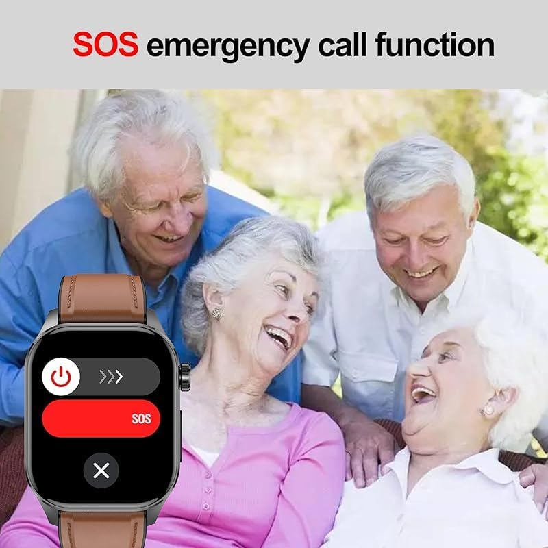 Smart watch displaying SOS emergency call function with elderly people in background