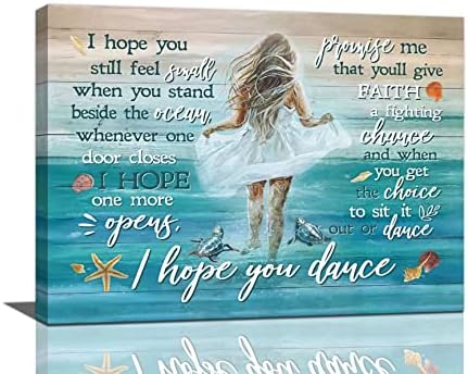 Beach Canvas Wall Art Ocean Coastal Shell Starfish White Dress Girl Wall Decor I Hope You Dance Pictures Painting Prints Coastal Theme Framed Artwork Decor for Bathroom Bedroom Living Room 12"x16"