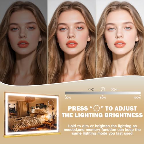Image of ROLOVE Gold Hollywood Vanity Mirror with Lights, 35.5 inch x 27 inch Large Makeup Mirror, Luxury Gold Frame, USB Charging Port, 3 Color Dimmable Lighting, Detachable 10X Magnifier, Wall Mounted or Tabletop