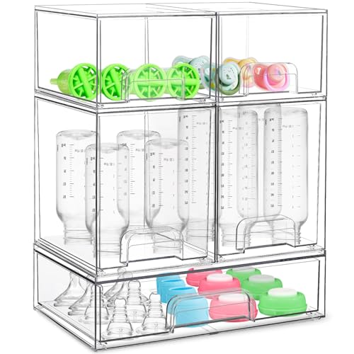 Baby Bottle Organizer for Countertop with Dust Protection, 5Pack Stackable Baby Organizers and Storage for Bottles, Clear Acrylic Container with Drawer for Kitchen, Cabinet, Vanity, Bathroom, Pantry