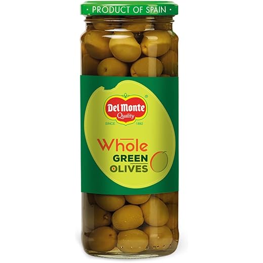 Del Monte Green Whole Olives 450g l Select Quality Olives Imported from Spain | Italian cuisine ingredient | Low Fat Ready-to-Eat Healthy Snack l 100% Natural | Source of Fibre, Gluten Free, No Added Preservatives