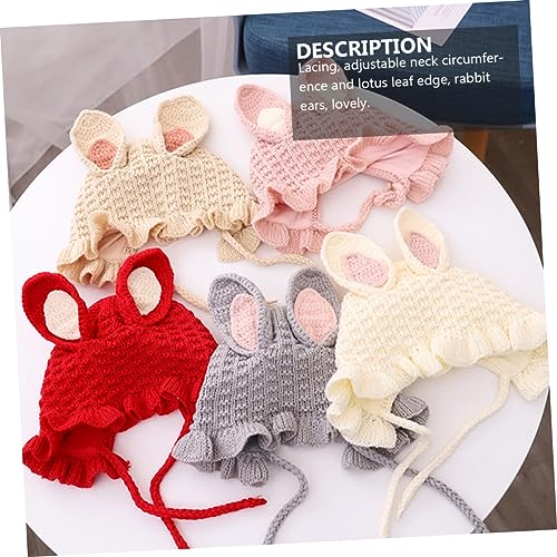 VICASKY Knitted Yarn Hat with Rabbit Ears Adjustable Lacing Thick Warm Beanie for Months to Years Breathable Thermal Winter Bonnet with Lotus Leaf Edge Beige2