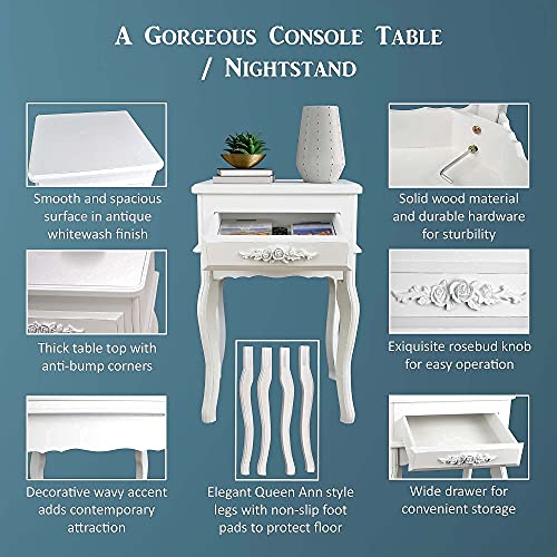 Westcharm White Vintage Nightstand | Queen Anne End Table | Wood Antique Shabby Chic Side Table | Small Wooden Victorian Bedside Table | Accent Table For Kids Room With One Drawer And Curved Legs #TOP2