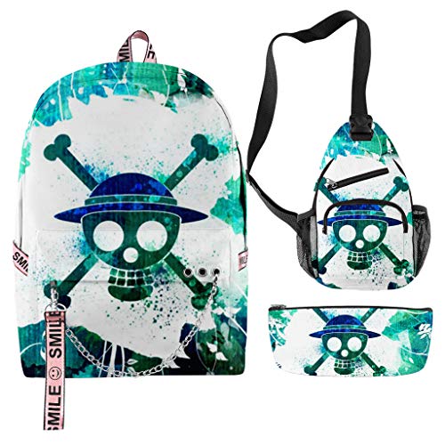Manga One Piece Backpack Luffy Chopper Zoro Graphic School Book Bag with Crossbody Sling Bag & Pencil Pouch Bag Unisex (P)