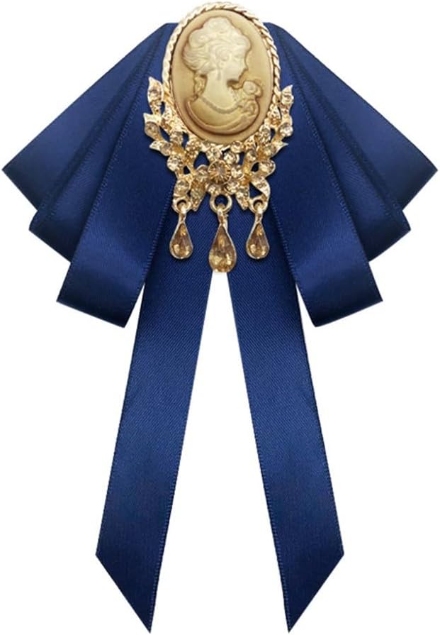 Retro Court style Crystal Ribbon Bow Tie Brooch Pins for Women Girls Victorian Cameo Bow Brooch Pre-Tied Bowknot Corsage Collar accessory
