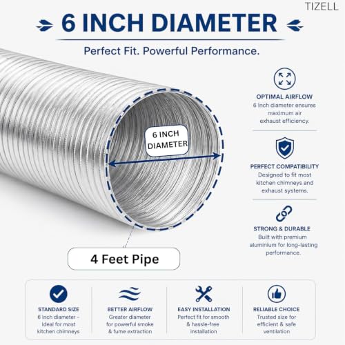 Image of Flexible Chimney Pipe with Cowl For Kitchen | Aluminium Exhaust Pipe | Complete Installation Kit with Cowl Cover, 2m Tape, and 2 Clamp | Fits For Multi Brands (6 Inch-4 Feet Pipe)