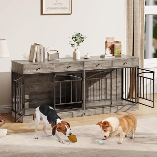GAOMON Dog Crate Furniture for 2 Dogs, 78.7'' Large Dog Kennel Indoor with 4 Storage Drawers and Feeding Bowls, Double Dog Crate TV Stand for Small an