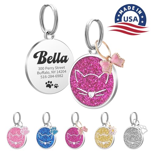 DearKeeps Dog Tags Personalized for Pets, Customized Pet ID Tags for Dogs & Cats– Stainless Steel Glittering Engraving Dog Name Tag, Dog Collar Tags with Name & Custom Text (Cat-Pink)