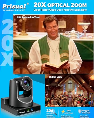 Image of Prisual NDI PTZ Camera Gen 5 AI Auto Tracking, NDI 6 & NDI HX3 Certified | 20X Optical Zoom, 3G-SDI /HDMI /USB /LAN PoE for Church Worship Live Streaming Education Events - TEM-20N PRO