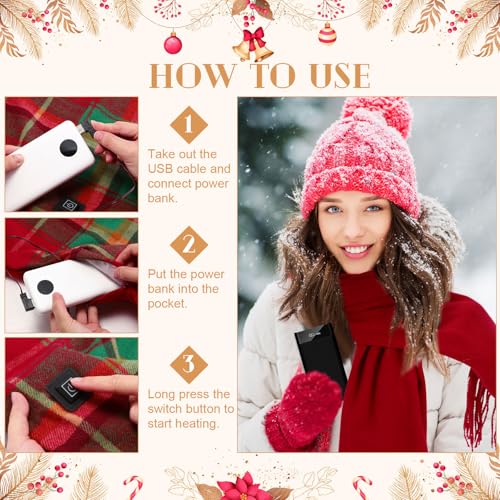 Geyoga 2 Pcs Christmas Heated Scarf for Women Men USB Heating Rechargeable Buffalo Plaid Scarf Faux Cashmere Tartan Electric Heated Neck Warmer for Xmas Winter Holiday Gift4