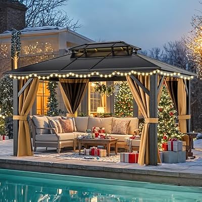 YITAHOME 10x12FT Gazebo Hard-Top Double Roof Canopy Outdoor with Netting and Shaded Curtains, Aluminum Frame Polycarbonate Hardtop Garden Tent for Patio, Backyard, Deck and Lawns, Brown
