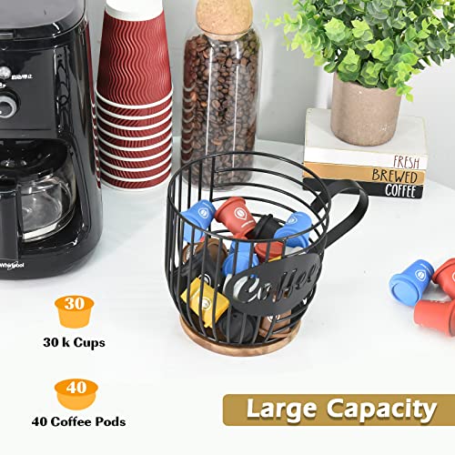 Coffee Pod Holder, Large Capacity Black Wire K Cup Holder And Espresso Pod Holder With Wooden Base, Coffee Pod Organizer Modern Coffee Basket Decor For Kitchen Countertop, Espresso Capsule Holder #TOP3