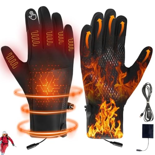 Gants Chauffants Velo Gants Moto Chauffant pour Homme Femme, Rechargeable Gants Chauffants USB avec Écran Tactile, Imperméables et Antidérapants, 3 Températures Réglables, Gants Moto Hiver (A-3 modes)