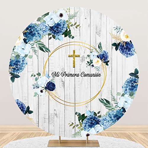 Yeele 7.5x7.5ft Mi Primera Communion Round Backdrop Blue Flowers Gold Glitter Cross Rustic Wood Photography Background for First Holy Communion God Bless Party Decorations Newborn Baby Shower Banner