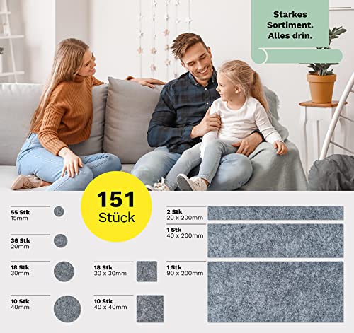 Filzgleiter selbstklebend Grau 151 Stück (4 mm) I Filzgleiter für Stühle I Möbelgleiter Filz selbstklebend I Möbelgleiter aus hochwertigem Nadelfilz I Stuhlgleiter I Klebefilz für Möbelfüße