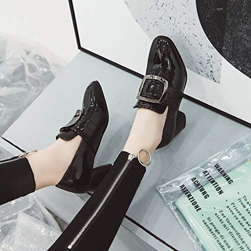 MIOKE Women's Square Toe Buckle Pump Penny Loafer Patent Leather Slip On Block Mid Heel Classic Oxford Shoes3
