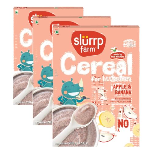 Image of Slurrp Farm No Added Sugar Instant Ragi & Apple Cereal, Real Apple & Banana, Cereal with No Milk, No Preservatives, 200g (Pack of 3)