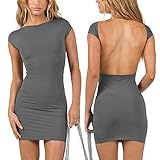 LOFAAC Women Sexy Y2K Backless Bodycon Going Out Mini Dress Trendy Summer Crew Neck Slim Fit Open Back Short Dress Party Gray