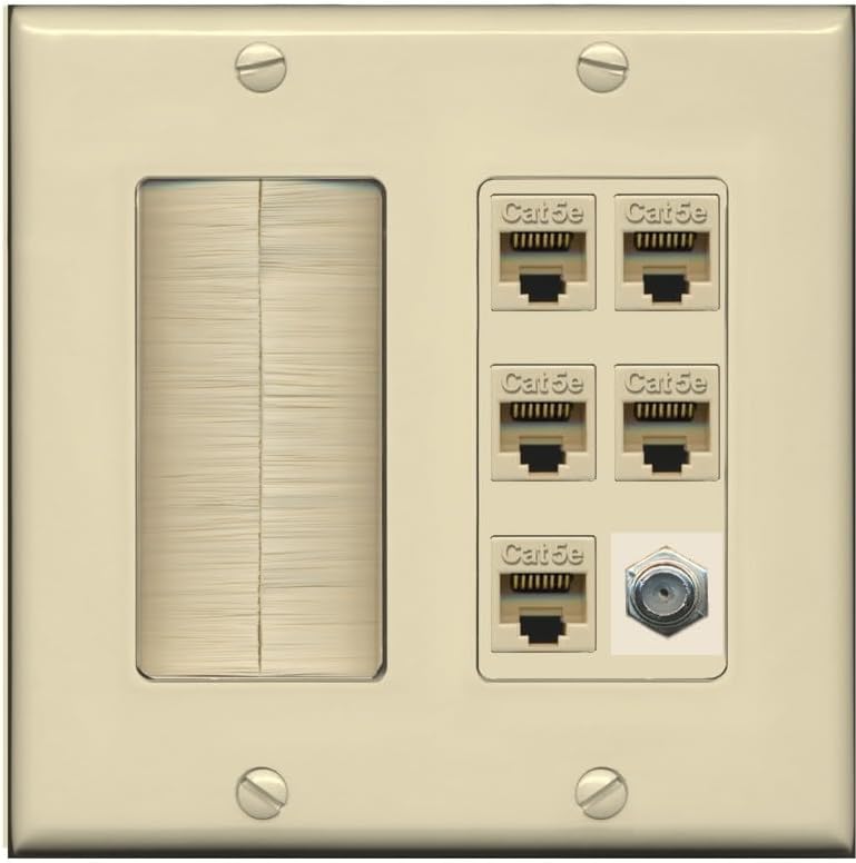 RiteAV 5 Port Cat5e Ethernet and 1 x Coax Wall Plate - Brush [Ivory/Ivory]
