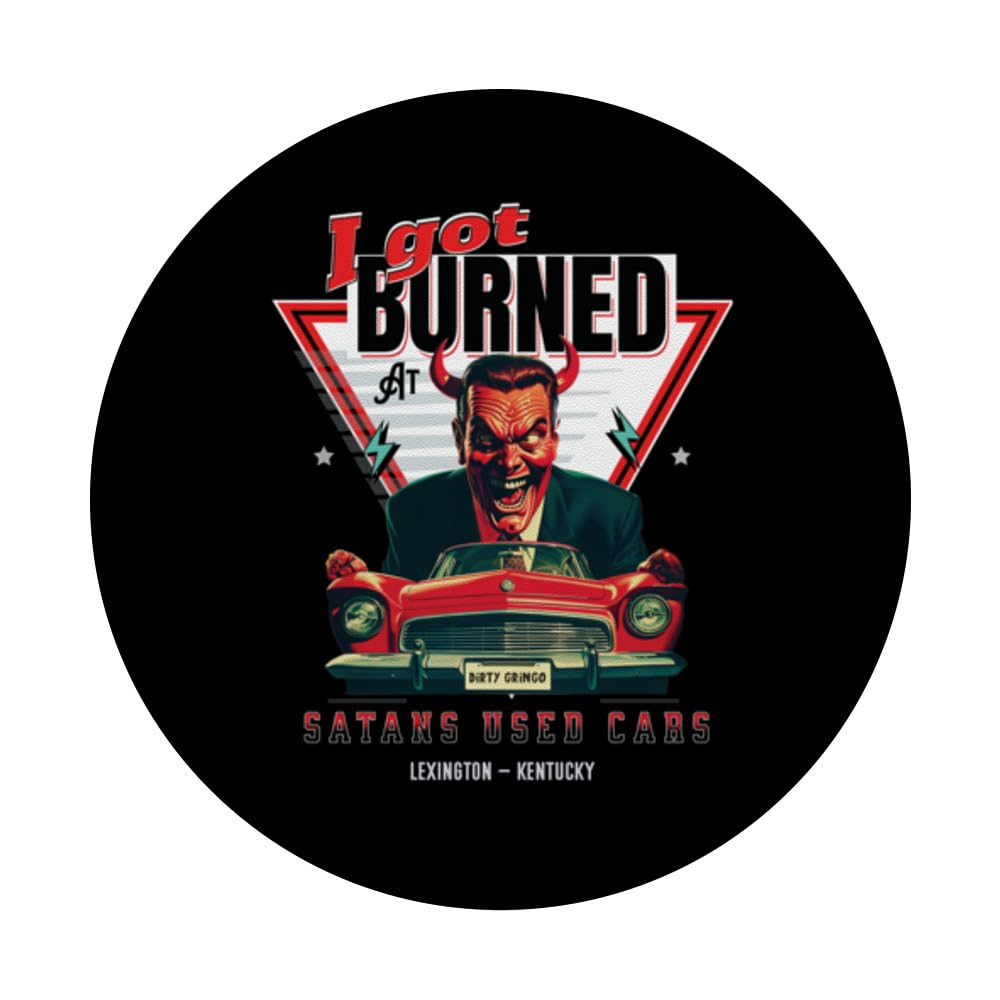 I Got Burned At Satans Used Cars Retro Devil LEXINGTON PopSockets Swappable PopGrip, Black - Image 3