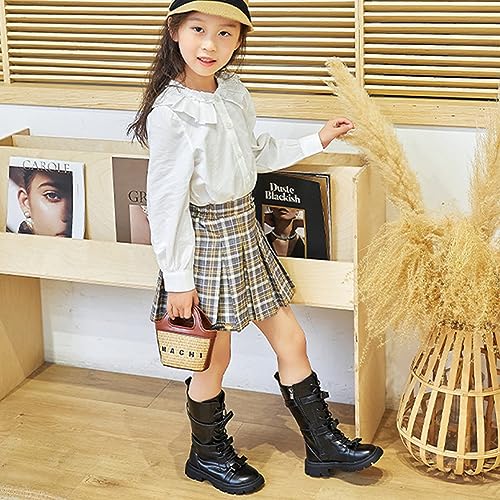 Kid's Girls Fashion Leather Lace-Up Waterproof Side Zipper Mid Calf Combat Riding Boots Winter Boots Dress Princess Shoes(Toddler/Little Kid/Big Kid)4