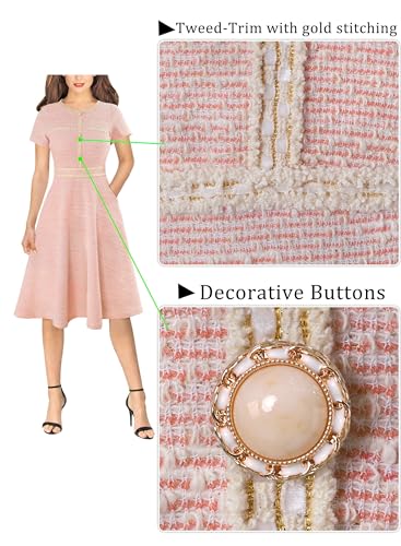 Image of VFSHOW Womens Buttons Pockets Office Business A-Line Dresses Short Sleeve Work Crew Neck Tweed Trim Fit and Flare Swing Dress