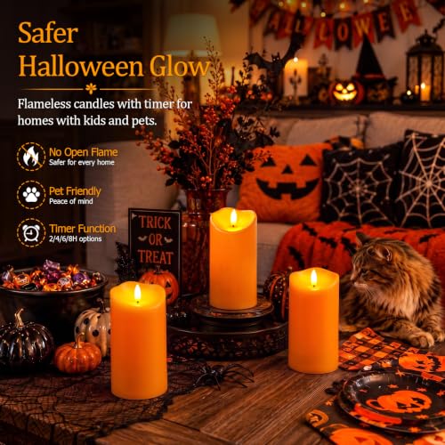 Image of Homemory Halloween Orange Waterproof LED Candles, Remote Timer, Set of 2 | Flameless candles, D3 x H6 in, plastic shell, indoor outdoor fall decor, porch, patio, pathway, lantern and pumpkin displays