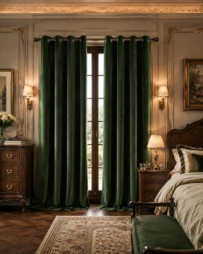 PONY DANCE Olive Green Velvet Blackout Curtains 84 Inches Long for Bedroom