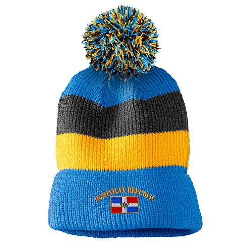 Vintage Pom Pom Beanie Dominican Republic Flag Embroidery Acrylic Skull Cap Hat for Men & Women Light Blue Stripes